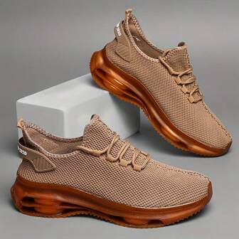 1 Pair Men Breathable Knit Sports Sneakers - Casual Lace-Up Running Shoes With Air Cushion, Anti-Slip PVC Outsole, Fabric Upper, Lining And Insole, Synthetic Sole, Solid Color, Suitable For All Seasons