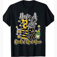 Rockin' New Year 2025 Shirt Skeleton Peace Hand Champagne T-Shirt - Black - View 1