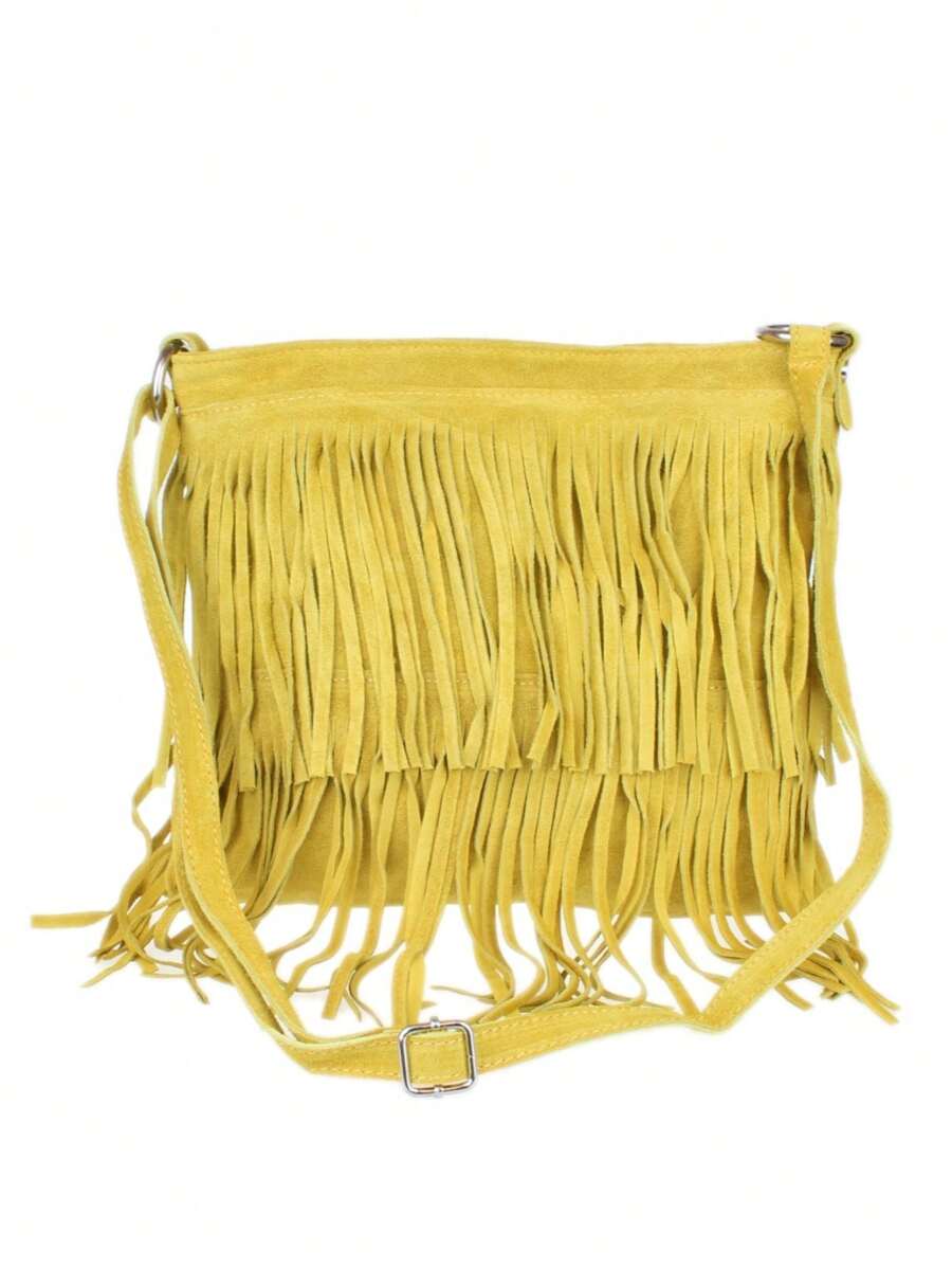 Girly Handbags Womens Genuine Suede Leather Crossbody Fringe Large Slouch Shoulder Bag - Mustard Yellow - View 1