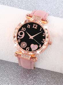 5PCS Set: Casual Fashionable Pink Fireworks Heart Shaped Case Quartz Watch, Butterfly Bracelet Necklace Earrings, Best Gift Choice