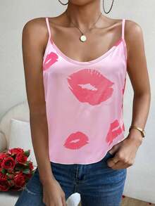 Top corto camiseta de satén elástica y sexy con estampado de labios
