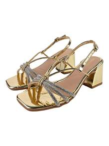 Monte Shoes Donatella Shoes Women's Sandals Square Toe High Heel Metallic Shiny Rhinestone Comfort - Gold - View 2