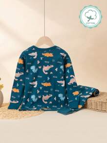 Young Boy All-Over Dinosaur Print Pajama Set, Children Homewear Loungewear - Teal Blue - View 2