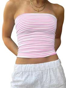 Women Strapless Striped Bandeau Tube Tops Y2K Aesthetic Sleeveless Backless Crop Tank Going Out Summer Girls - 粉色 - 查看 3