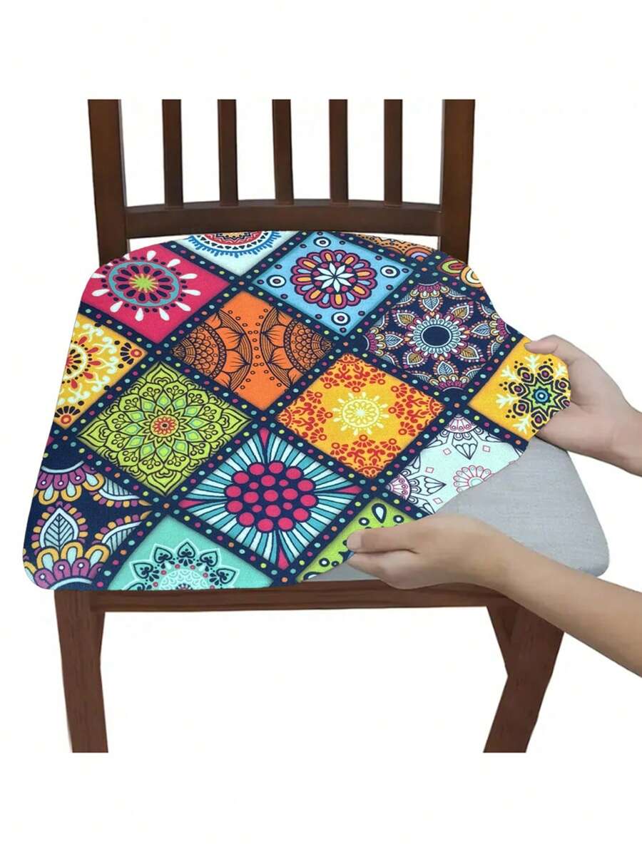 1/4/6pcs Bohemian Print Milk Silk Chair Seat Cushion Cover, Geometric Pattern, Colorful Minimalist Modern Stretch Dustproof Anti-Fouling Applicable For Dining Room, Hotel, Living Room, Bedroom, All Season
