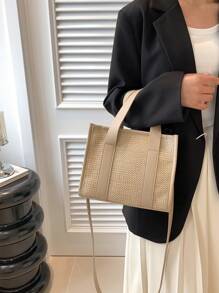 Spring & Summer New Straw Handbag For Women, Multi-Material Patchwork Shoulder & Crossbody Bag, Casual Outdoor Beach Tote, Versatile For Commuting - Khaki - View 3