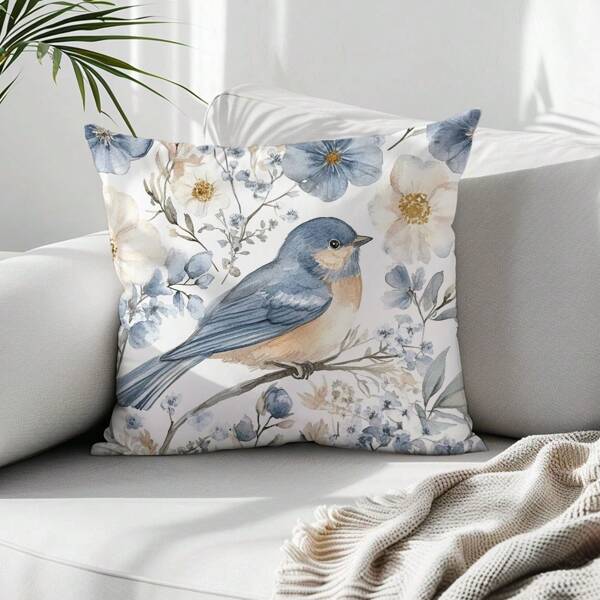 1 Federa decorativa in velluto pesca morbido con stampa monofacciale di un uccello di colore blu-grigio, dimensioni 45*45cm/50*50cm, adatta per casa, camera da letto, soggiorno, divano, regalo