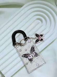 حامل بطاقات أعمال أكريليك أسود بتصميم فراشة و-نجمة، مع سلسلة مفاتيح رياسية، يستخدم لالتقاط الصور وتخزين البطاقات، حامل بطاقات أعمال لعيد الحب، محفظة حامل بطاقات أعمال، حامل بطاقات ائتمان، حامل بطاقة هوية