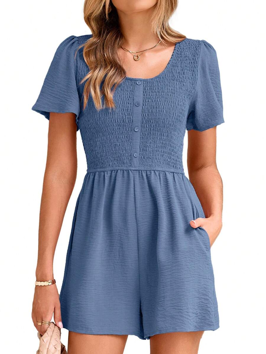 Womens Summer Short Sleeve Romper Casual Loose Button Smocked Dressy Shorts Jumper Jumpsuit Overalls 2025 - Blue - View 1