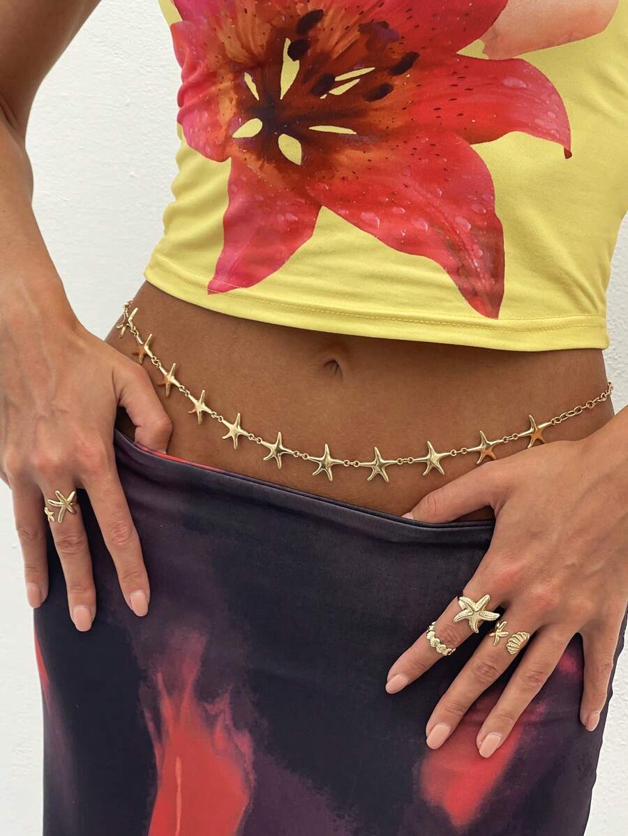 1 件复古波西米亚风格海星吊坠腰链，带有海洋元素的性感身体珠宝配饰，适合女性日常海滩度假装饰