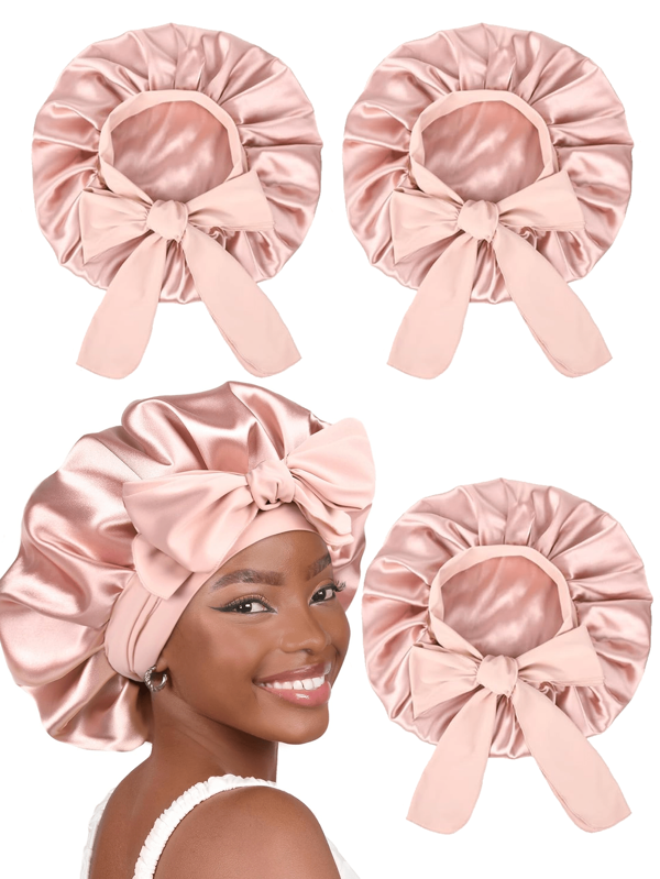 3pcs Silk Bonnet For Sleeping Women Satin Bonnet Double Layer Satin Lined Hair Bonnet With Tie Band Curly Hair