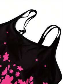 2Pcs Women Summer Swimwear, Floral Strappy Padded Tank Tops + Solid Color Shorts Swimsuit for Girls, 6 Colors - Rosa Fucsia - Ver 6