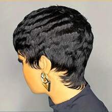 Short Layered Pixie Human Hair Wigs 1B Color Pixie Cut Wigs For Women With Bangs Brazilian Virgin Human Hair Wigs For Women Glueless Full Machine Made Wigs For Christmas Party Cosplay Daily Use Wigs