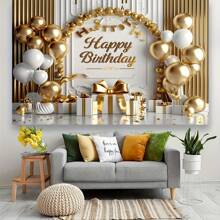 Versatile Happy Birthday Banner With Golden & White Balloons And Big Bow - Perfect For Princess Parties, Bachelorette Celebrations & Photo Backdrops, Background, Photography Decorations