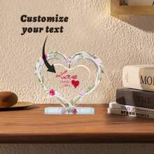 1pc Personalized Acrylic Desktop Decor, Transparent Hollow Heart & Floral Pattern, Customizable Text, Unique Commemorative Gift, Desk Decoration, For Lovers, Family, Friends