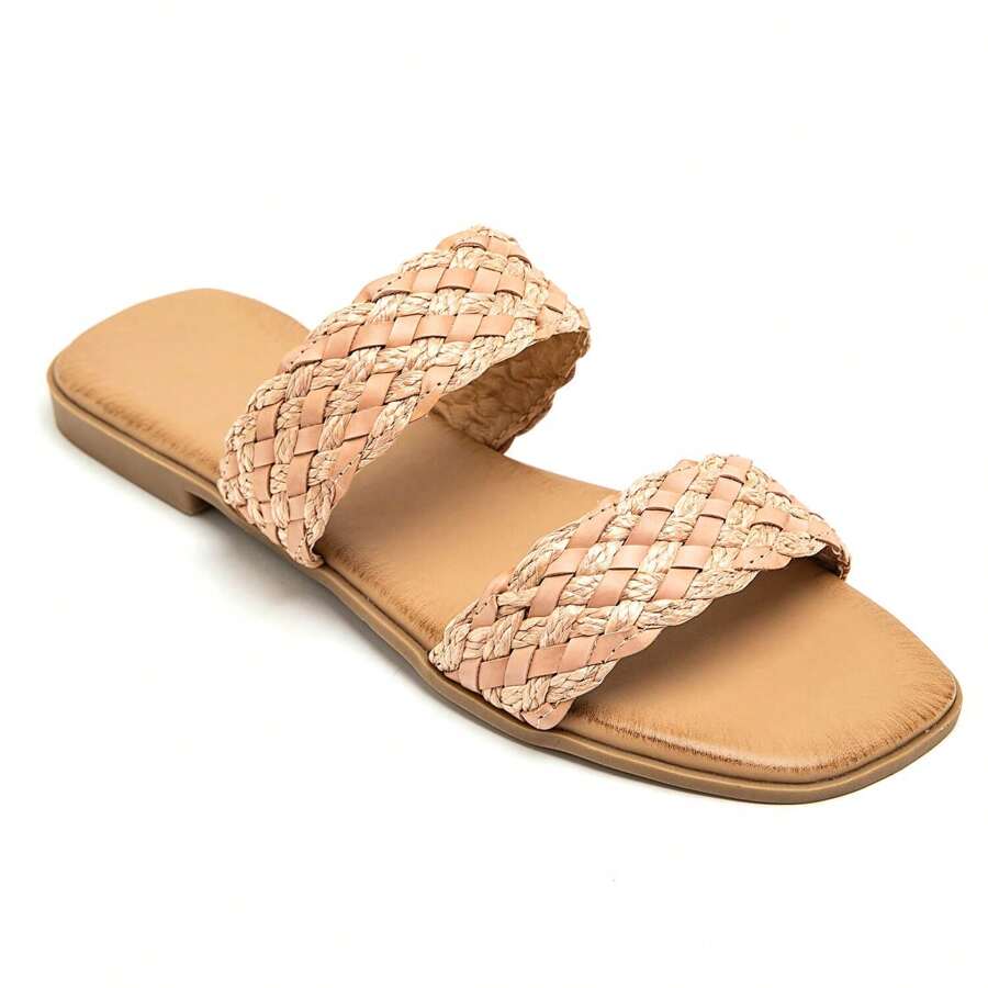 Woven Double-Strap Slide Sandals With Ergonomic Insole - Pink - View 1