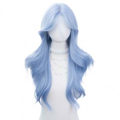 Synthetic Heat-Resistant Wavy Wig, Light Blue, 28 Inches Long, Made Of Fiber With Bangs In The Center, Suitable For Daily Use, Natural And Realistic Fake Wig (Excluding Accessories).