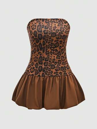 性感露肩泡泡袖豹纹花卉抹胸连衣裙