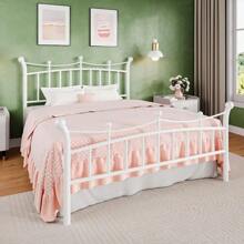 Estructura de cama de matrimonio HOMBCK con cabecero, marco de cama de metal blanco con diseño de patrón de corona, base de colchón con almacenamiento debajo sin necesidad de caja de resortes, montaje silencioso y fácil, color blanco