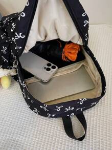 1pc Black Nylon Casual School Style Fresh Allover Print Bow Drawstring Large Capacity Foldable Backpack With Cartoon Decor Zipper, Suitable For Teenagers, College Students, And Women For Daily Commuting, Shopping, Travel, Graduation Gift, Cute Bow Backpack