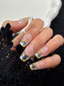 Paquete de 10 piezas Puntas de uñas transparentes con diseños florales pintados a mano en forma de ataúd francés, uñas postizas de cobertura completa brillantes DIY