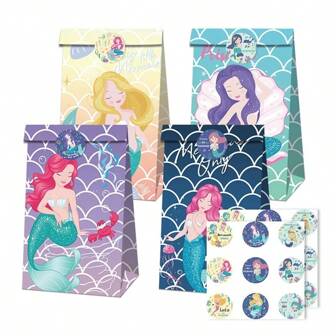 12/24 件美人鱼主题派对礼品袋带贴纸 - 牛皮纸礼品袋和生日、婚礼等礼品袋