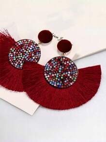 2 Pieces Vintage Bohemian Style Fringed Pendant Earrings With Colorful Rhinestones, Suitable For Women Holidays And Party Wear