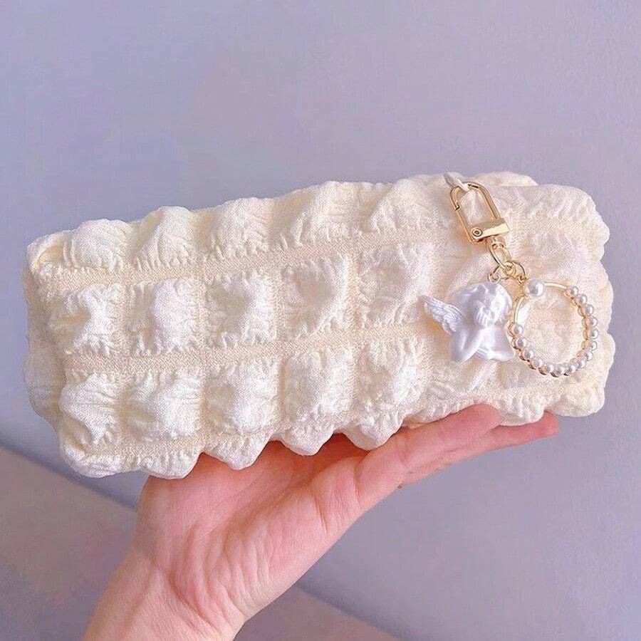 1 pieza Estuche lápices con forma de crema batida de gran capacidad, bolsa de papelería, bolsa de cosméticos con lindo dije aleatorio para estudiantes, color rosa