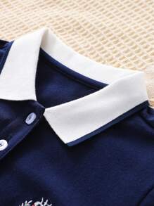 Girls' Short Sleeve Casual Elegant Minimalist College Style Embroidered Polo Dress, Collared A-Line Pleated Skirt, Summer New Arrival - Royal Blue - View 4