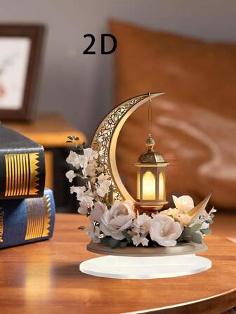 1pc, 2D Flat Printing Arabic Eid Star Moon Lantern Flower Decoration Sign Plaque, Desktop Acrylic, Add Festive Fun Atmosphere, Multi-Purpose Eid Gift Sign, Suitable For Home Kitchen And Office Bedroom Desktop Decoration Sign, "With Base" Gifts Birthday Graduation E-I-D