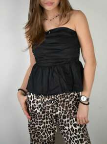 Women's Summer Slim Tube Tops Solid Color Bandeau Ruched Low Cut Peplum Tops For Party - Black - View 5