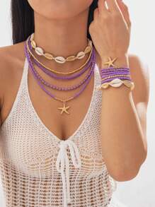 imoli 2pcs/Set Bohemian Beach Style Colorful Beaded Handmade Starfish Necklace & Bracelet Jewelry Set For Women, Party Gift (Random Color Beads, Handmade Chain Length & Seashell Size May Vary) - Multicolor - View 4