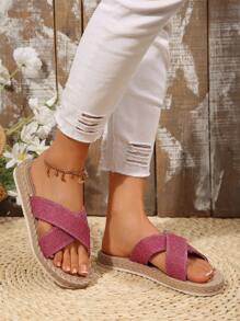 Glitterpantoffels voor dames, zomersandalen met touwzool, strandslippers voor op vakantie, glanzende instappantoffels, zachte, comfortabele binnenschoenen, sandalen die gemakkelijk aan en uit te trekken zijn, sandalen met gekruiste bandjes