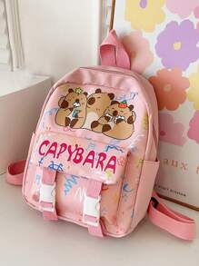 1 件大容量可爱水豚图案书包。活泼的学生包，带多个口袋。时尚书包。实用手提包。个性化轻便学校背包。便携式背包，带多个隔层 - 粉色 - 查看 4
