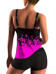 2Pcs Women Summer Swimwear, Floral Strappy Padded Tank Tops + Solid Color Shorts Swimsuit for Girls, 6 Colors - Rosa Fucsia - Ver 2