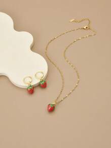 3pcs Set Red 3D Strawberry Stainless Steel Delicate Luxurious Women Necklace & Earrings - Yellow Gold - View 7