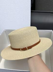 Wide Brim Sun Hat, Flat Top, Vintage Chic For Women, Suitable For Beach, Travel, Casual, Straw Braid, No Wind Protection, UVB Protection, Polyester Fiber, Spring/Summer