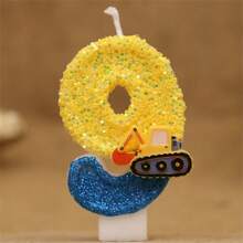 蓝黄挖掘机闪烁数字生日蛋糕蜡烛，生日庆祝派对装饰，可爱的手工数字蜡烛