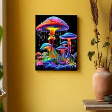 1pc Earth Day Framed Canvas Wall Art Poster Printing Abstract Surrealism Digital Colorful A Group Of Colorful Mushrooms On A Black Background Wall Art For Living Room Bedroom Bathroom Kitchen Apartment Hotel, Artful Home Decoration - Framed, Vertical - Framed Canvas - View 6