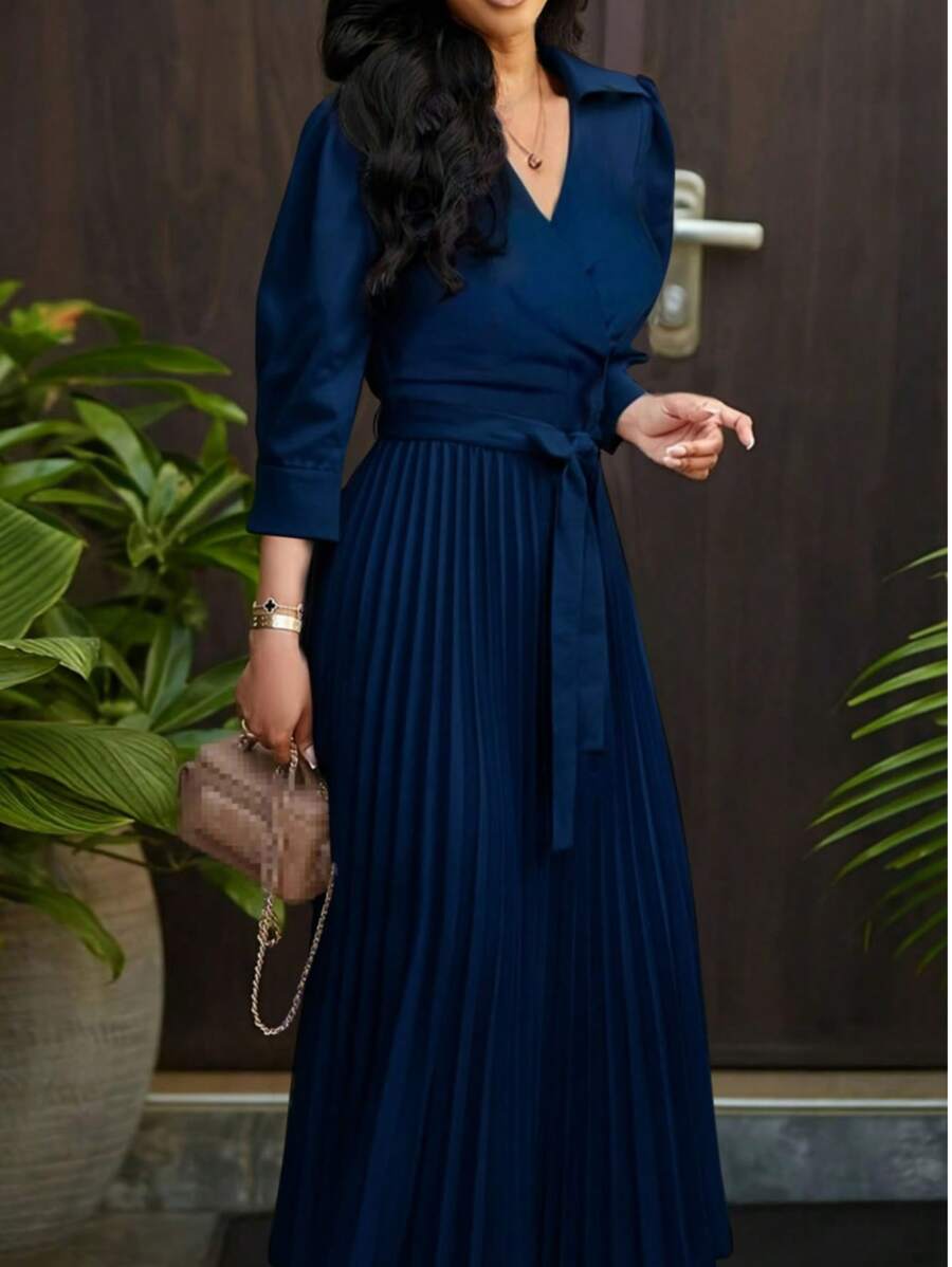 女士纯色 V 领 Polo 领半泡泡袖高腰腰带褶皱长裙、优雅连衣裙、商务休闲女士、商务休闲女士、夏季和春季服装、波西米亚风连衣裙、老钱、圣帕特里克节服装、复活节女士连衣裙、办公室女士服装、