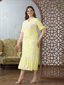 斋月阿拉伯风格优雅印花 Jalabia 女士连衣裙，传统设计，2025 年春夏