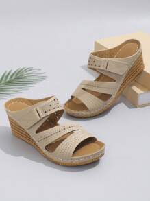 女士新款夏季休闲复古镂空百搭时尚防滑透气杏色凉鞋，带钩环搭扣，一脚蹬厚底中跟穆勒鞋，旅行必备 - 杏色 - 查看 6