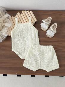 2 piezas Conjunto de body y shorts ligeros y lindos para bebé/niña pequeña, para verano - Beis - Ver 2