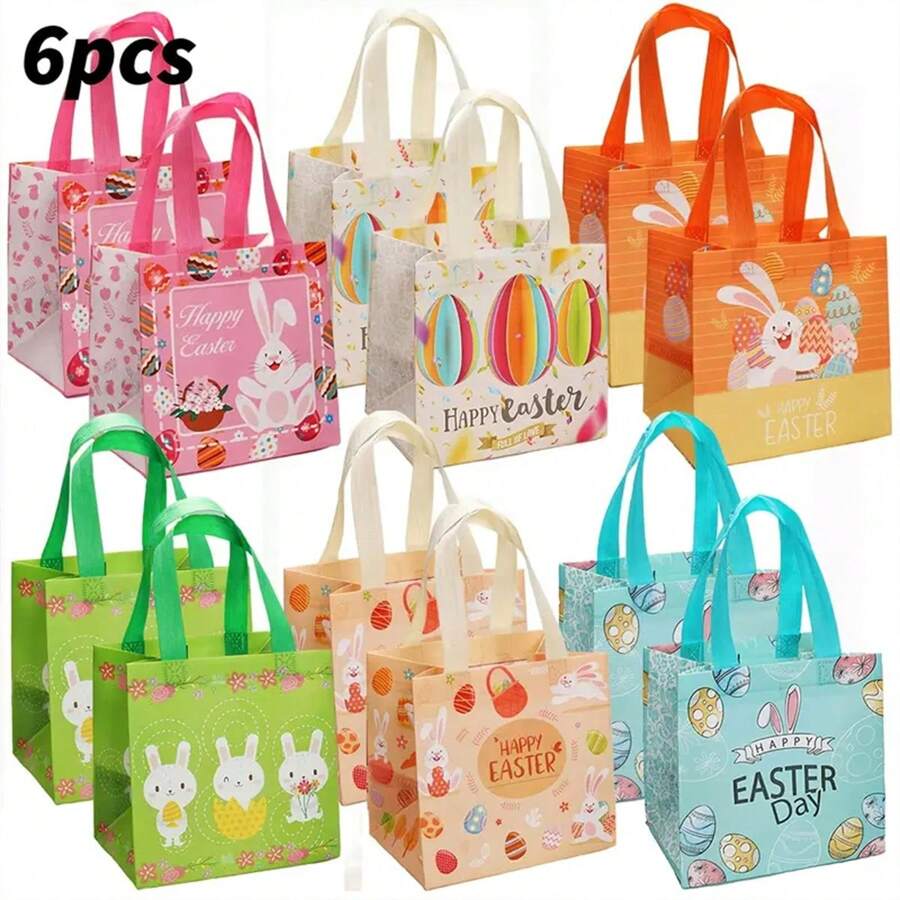 6 PCS Easter Gift Bags, Reusable Non-Woven Tote Bags, Easter Rabbit And Egg Design With Foldable Handles, Suitable For Easter Spring Party Supplies - Multicolor - View 1