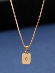 1pc Gold-Tone Round Snake Bone Chain Necklace With Rectangle Cubic Zirconia Pendant, Suitable For Cute Girls Everyday Wear - Yellow Gold - View 3