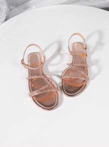 Sandalias de mujer con punta abierta, con strass en color champán, sandalias planas de verano de color liso con punta abierta y correa de tobillo, cómodas