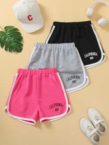 Set informal de 3 piezas de shorts de cintura elástica para niña preadolescente, con estampado de letras y rayas, para verano
