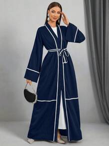 Women's Colorblock Trim Waist Belt Elegant Long Sleeve Arabic Abaya,Vacation Long Modest Robe - Navy Blue - View 2