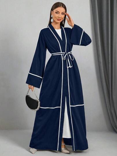 Women's Contrast Color Trim Waist Belt Elegant Long Sleeve Arabic Robe, Dignified Long Robe For Vacation