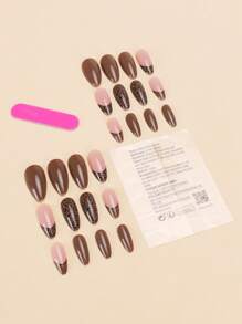 24 片杏仁形按压假指甲贴片，简约豹纹甜美酷炫法式女士指甲贴片，新款时尚指尖，配 1 片果冻胶和 1 片摩擦条，适合女性派对、舞会、日常休闲装，可拆卸可重复使用的按压指甲 - 彩色 - 查看 3
